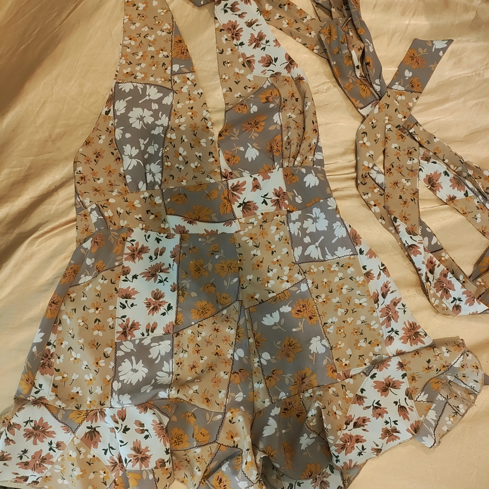 Boohoo Floral Patchwork Jumpsuit in Tan and White